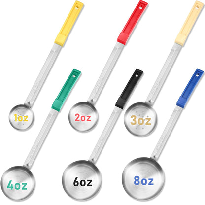 6 Pcs Portion Control Serving Spoons Set, Portion Scoops for Food, Unslotted Spoon (2, 4, 6, 8 oz), Slotted Stainless Steel Ladle Spoon (1, 3 oz) for Measuring Serving Ladle Utensils Weight Loss
