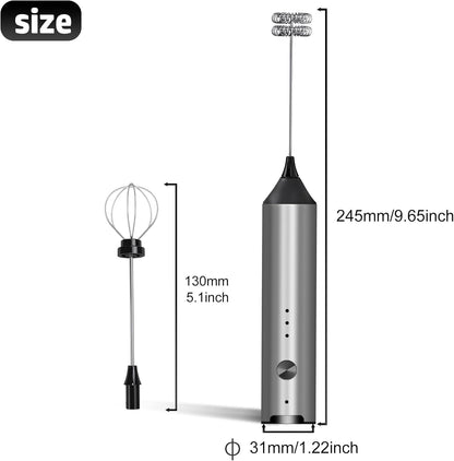 Handheld Electric Milk Frother, Type C Rechargeable Blender, 3 Mixing Speeds, Mini Beverage Blender with 2 Whiskers