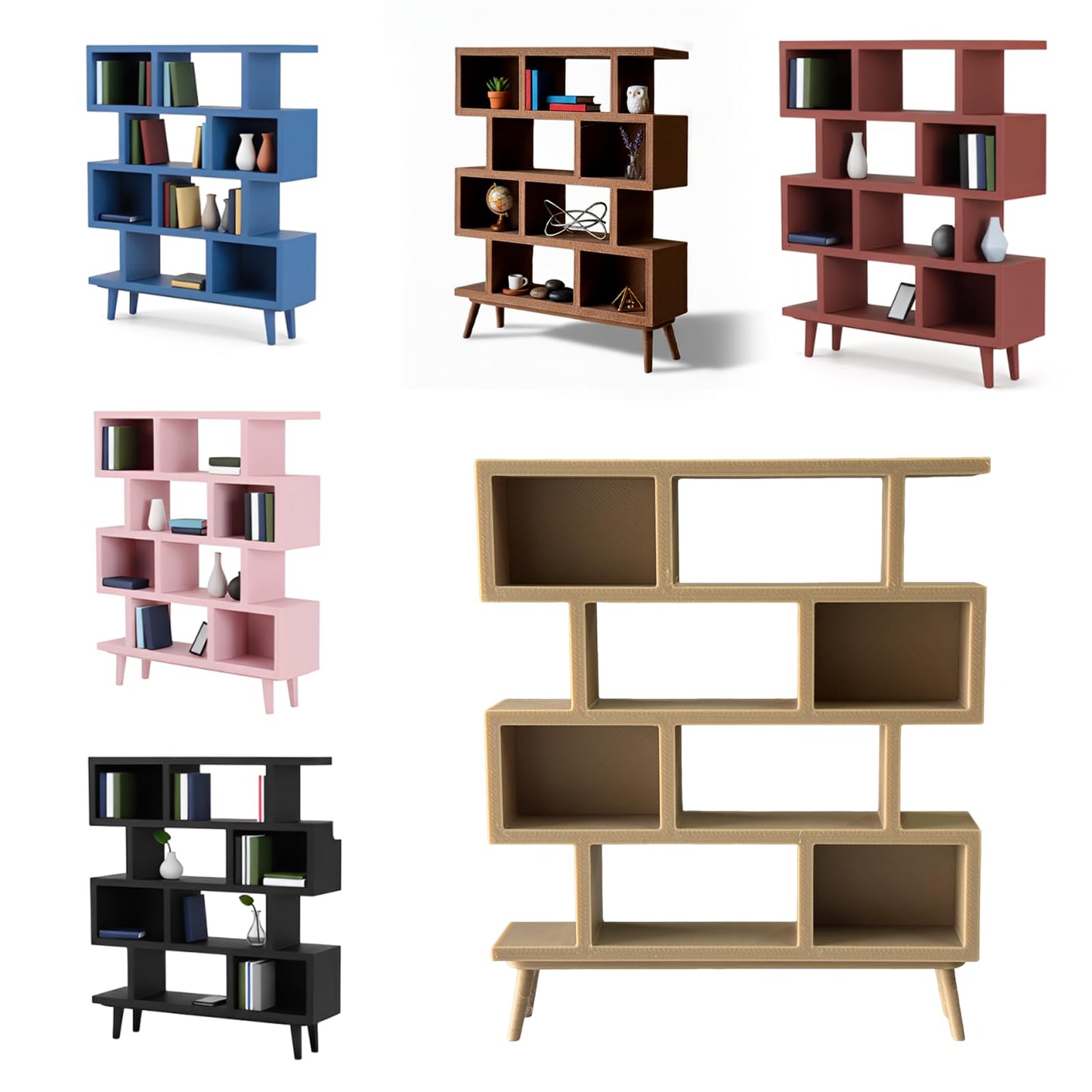 stazuvrt 1:12 Dollhouse Mini Bookshelf | 3D-Printed Modern Geometric Display Shelf, Ideal for Dollhouse Furniture Collectors(Natural Wood Color)