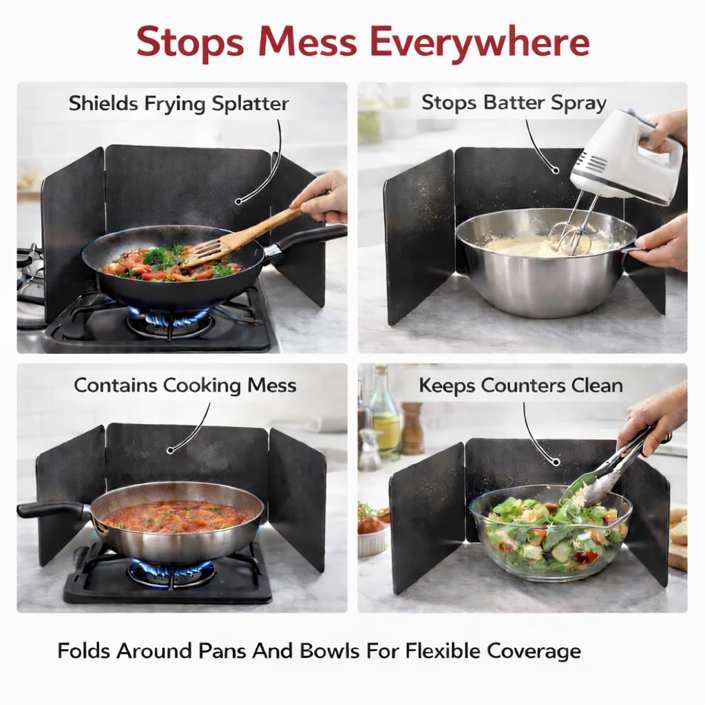 HIC Kitchen 3-Sided Splatter Guard, Non-Stick Carbon Steel, Heat Safe, Folds Flat For Storage, Fits Up To 10.5-Inch Pans And Bowls