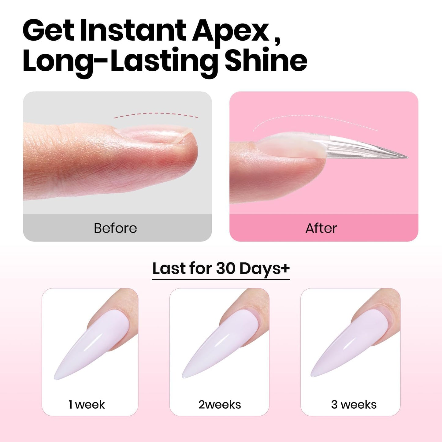 Beetles Tipex Instant Apex Nail Tips Kit, Coffin Long 224Pcs 16 Sizes Pre-Building & Pre-Etched Thicker Acrylic Nails False Nail Extension with Tipex Nail Glue Mini Nail Lamp