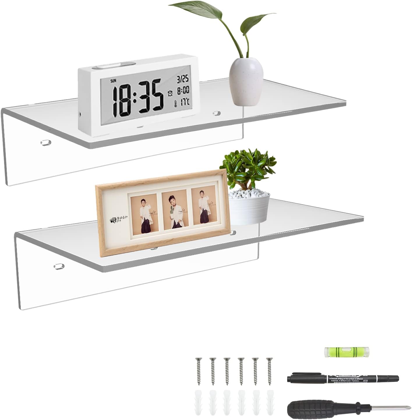 12 Inches 2 Pack, Plants(12 inch, Sezanrpt Acrylic Wall Shelves Floating Shelf for Wall Mounting, Acrylic Display
