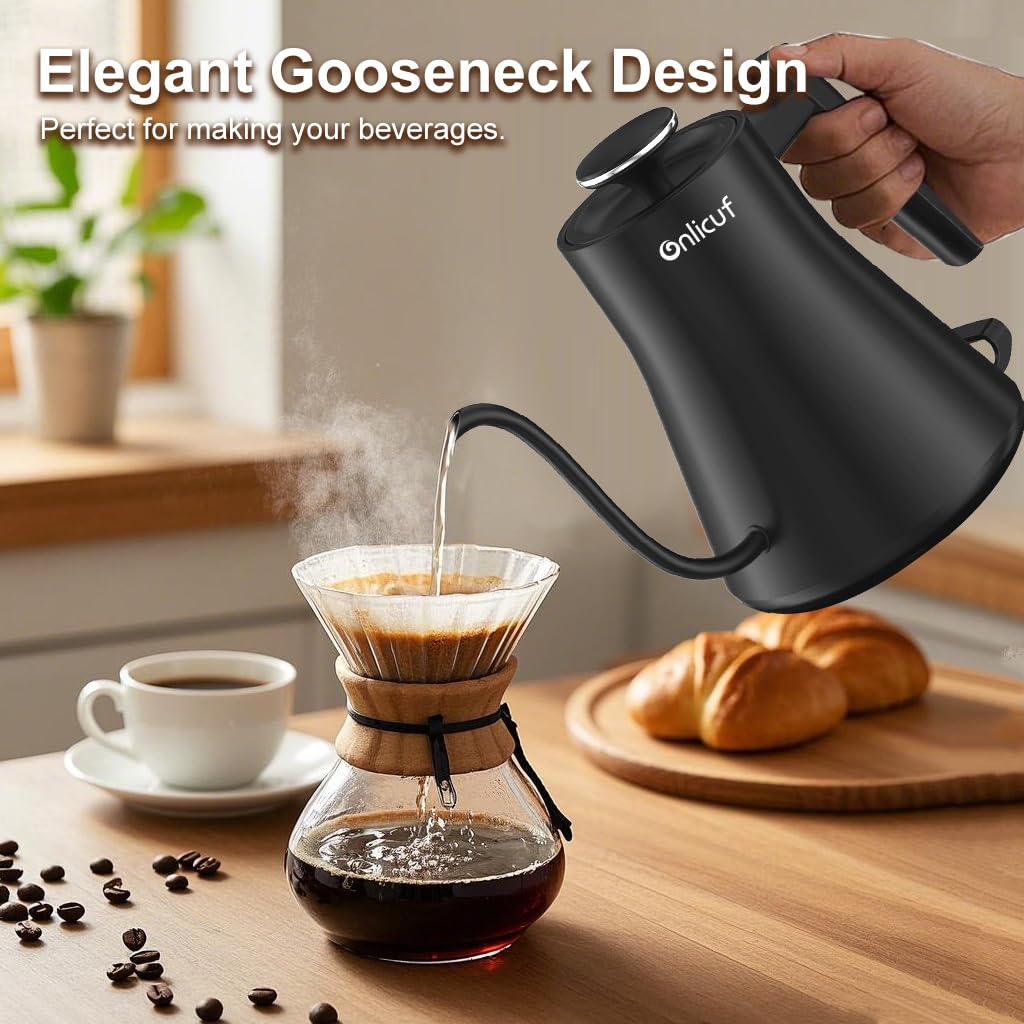 Onlicuf Gooseneck Electric Kettle 0.8L - Matte Black Tea Kettle with Auto Shut Off, Boil-Dry Protection & BPA-Free, Precision Electric Water Kettle for Pour Over Coffee
