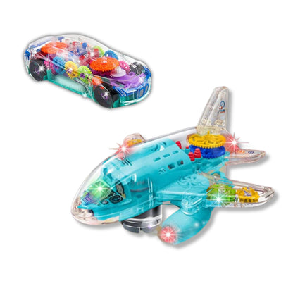 ArtCreativity Light Up Transparent Airplane & Car Toys: Bump and Go Fun with Moving Gears, Music, LED Effects, Ages 3+, Great Birthday Gift Ideas (2PC Set)