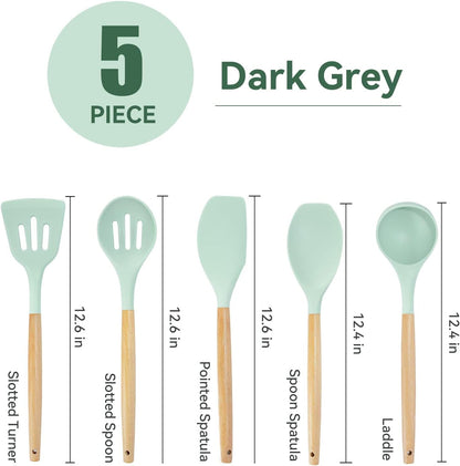 Kitchen Utensils Set, 5 Pcs Non-Stick Silicone Cooking Utensils with Wooden Handle, Heat Resistant Gadgets (Light Green)