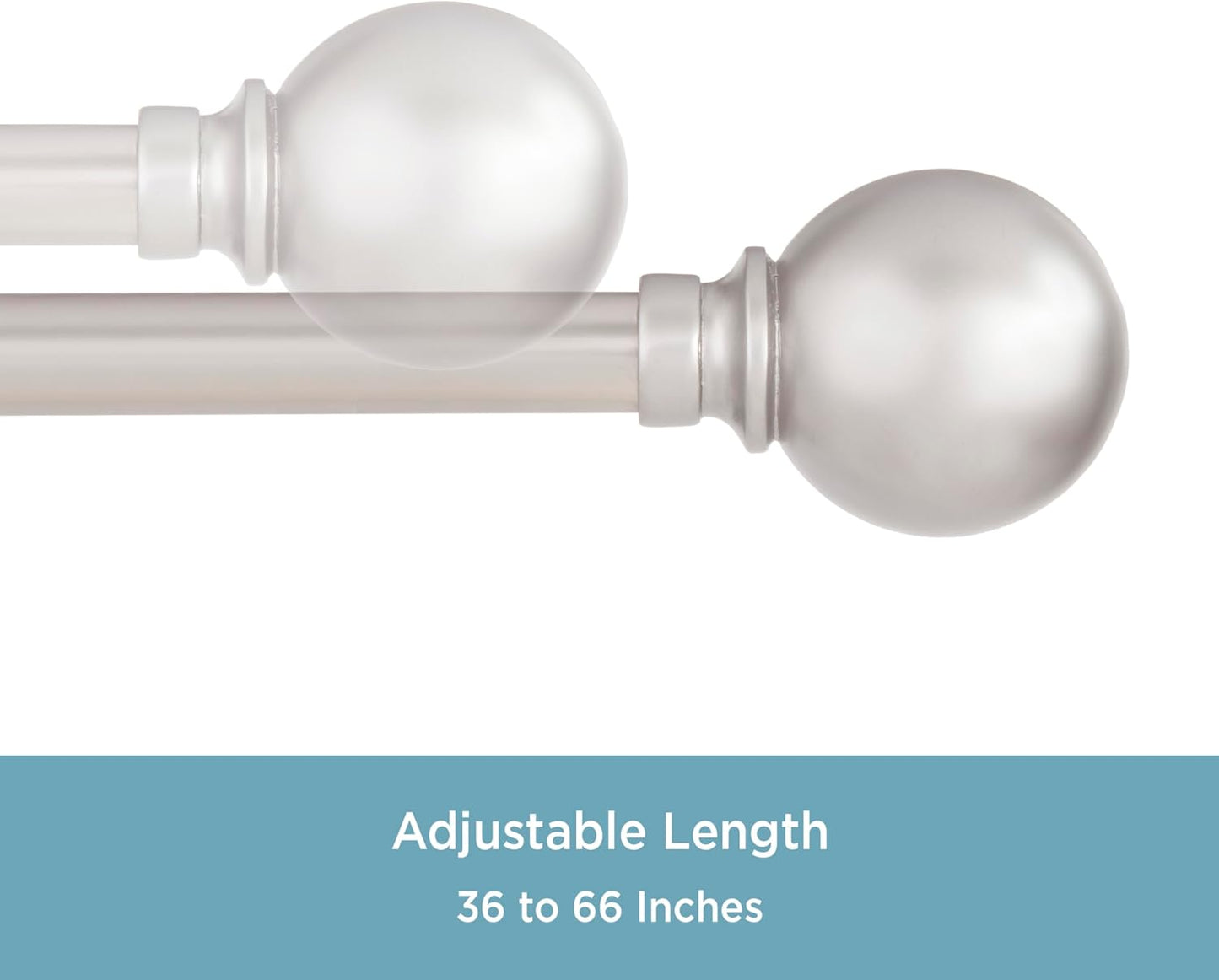 Kenney KN80102 Mercer Ball End Standard Decorative Window Curtain Rod, 36-66" Adjustable Length, Brushed Nickel Finish