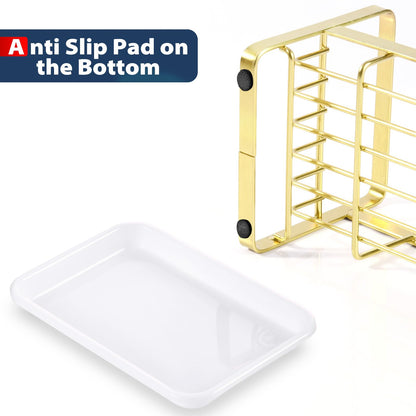HULISEN Kitchen Sink Sponge Holder, 304 Stainless Steel Kitchen Soap Dispenser Organizer, Countertop Drainer with Removable Tray, not Including Dispenser and Brush, Gold