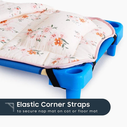 Wake In Cloud - Cot Nap Mat with Pillow and Blanket, 100% Cotton Fabric, for Toddler Kids Girls Ages 3 Plus in Daycare Kindergarten Preschool with Elastic Corner Straps, Floral Flowers, Light Pink