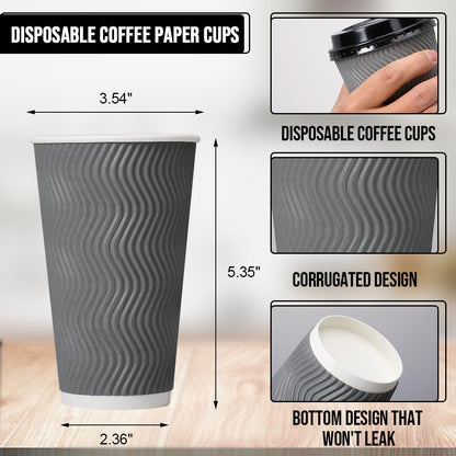 BYSNOW 100 Pack 16 oz Coffee Cups with Lids, Disposable Insulated Hot Cups To Go Paper Coffee Cups, Corrugated Ripple Wall Cup for Hot Drink, Office, Coffee Bar (Grey 16 oz)