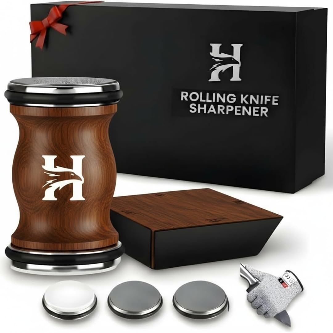 4 Angles High Carbon Stainless Steel Rolling Knife Sharpener with 400, 1000 & 3000 Replacement Discs - Blunt Knife Sharpening Kit with 12°, 15°, 20°, and 25° Sharpening for Kitchen & Chef's Knives