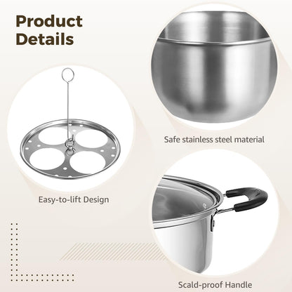 8 Inch Stainless Steel Egg Poacher Pan, 4 Egg Poaching Cups for Easy Release, Tempered Glass Lid for Visible Cooking, Healthy Long-lasting, All Stovetops Compatible
