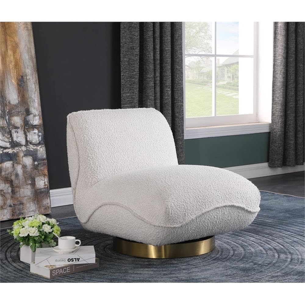 Meridian Furniture 492Cream Geneva Collection Modern | Upholstered Swivel Accent Chair with Rich Cream Boucle Fabric, Brushed Gold Metal Base, Solid Wood Frame, 29" W x 35" D x 27.5" H, Cream