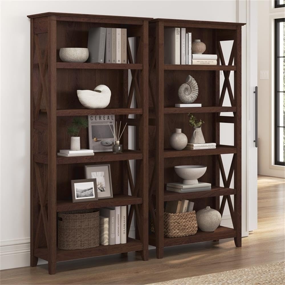 Bush Home Key West 5 Shelf Bookcase - Set of 2 | Tall Bookshelves in Bing Cherry | Sturdy Display Shelves for Library, Living Room, and Home Office