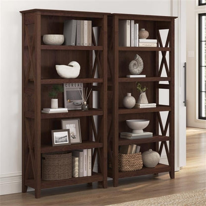 Bush Home Key West 5 Shelf Bookcase - Set of 2 | Tall Bookshelves in Bing Cherry | Sturdy Display Shelves for Library, Living Room, and Home Office