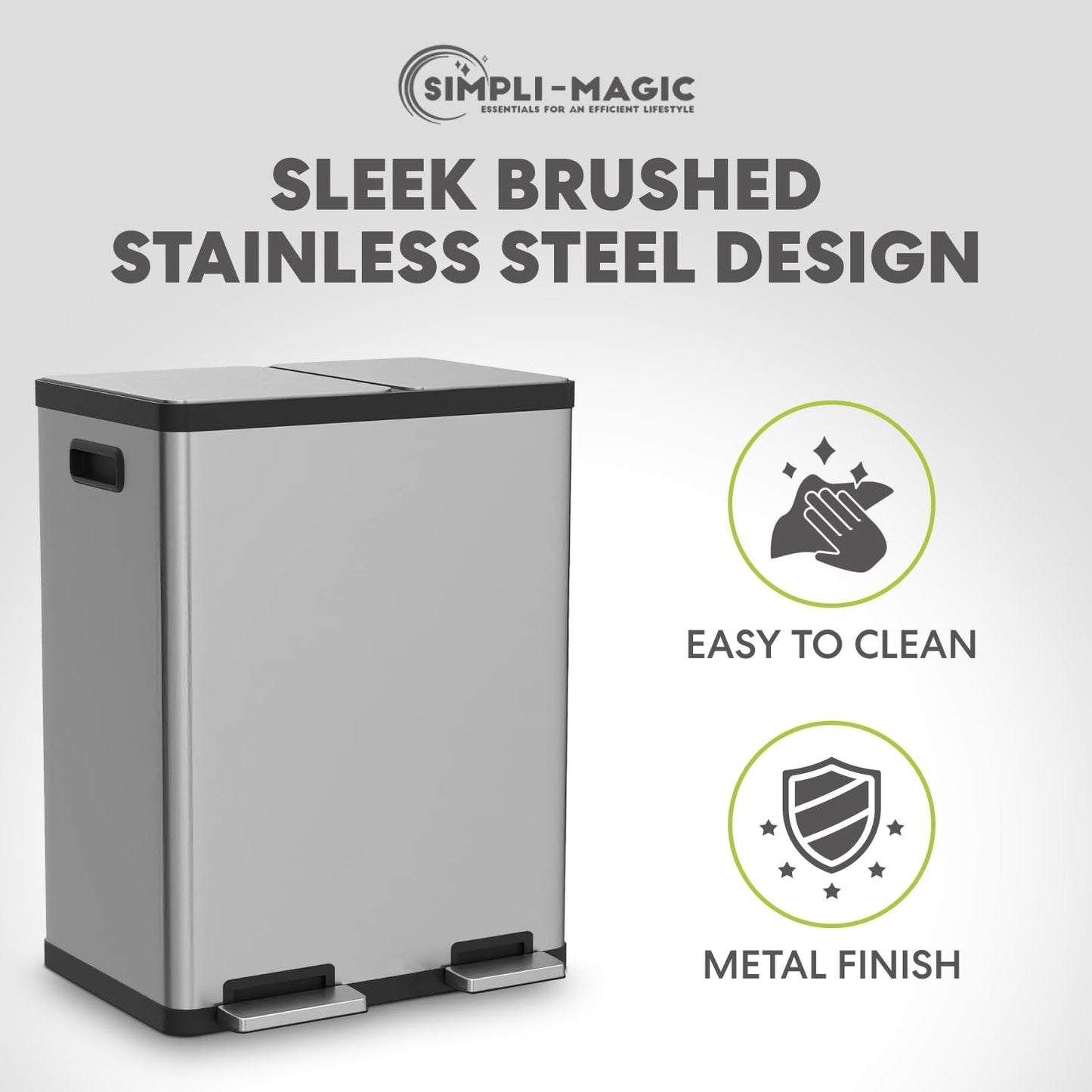 Simpli-Magic 18.5 Gallon (40L x 30L) Dual Compartment Step Trash Can – Kitchen Garbage Can with Waste & Recycling Bins – Slow-Close Lid, Odor Control, Hands-Free, Stainless Steel