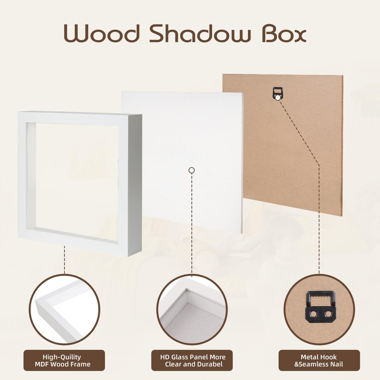 QDSSDECO 12"*12" Shadow Boxes Display Cases with Soft Linen Back Deep Wood Glass 3D Shadow Box Set for Wall and Tabletop, 2 Pack White
