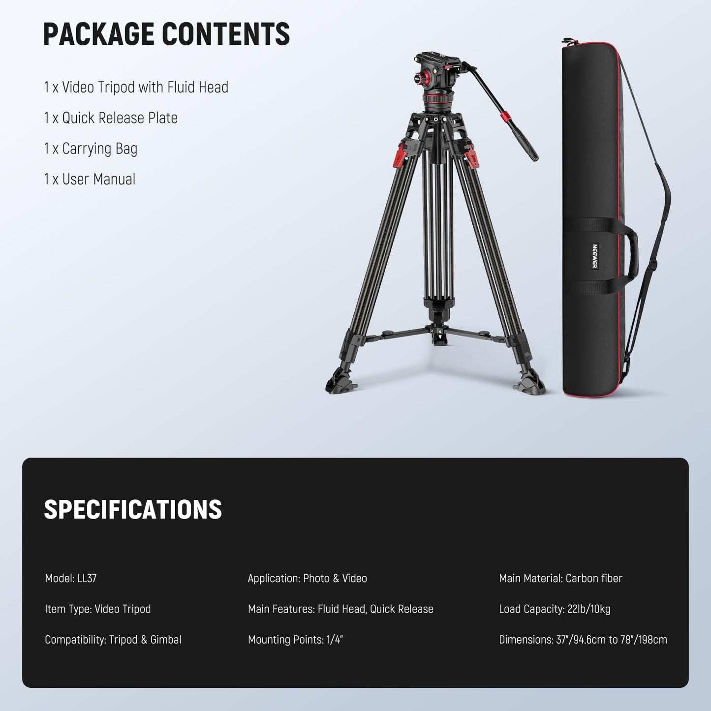 NEEWER 78" Video Camera Tripod Carbon Fiber with Damping Adjustable Fluid Head, One Step Quick Release with QR Plate & Handle, Heavy Duty Tripod Stand for DSLR Cameras Camcorders, Max Load 22lb, LL37