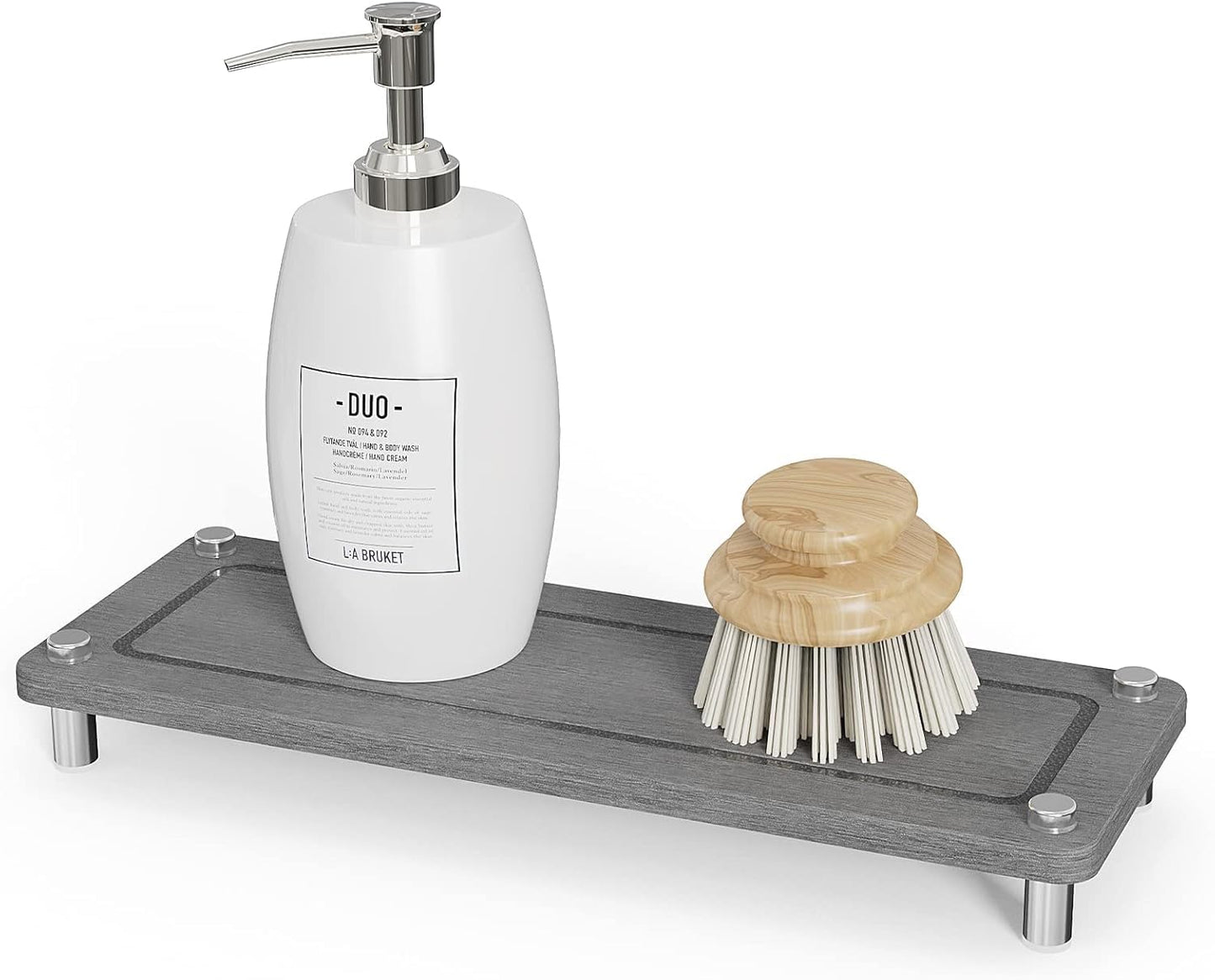 Johamoo Kitchen Sink Caddy Water Absorbing Stone Tray For Sink, Diatomite Bathroom Countertop Tray Organizer, Faucet Stone Drying Mat Coaster Soap Dish Sponge Dispenser Holder (Grey)