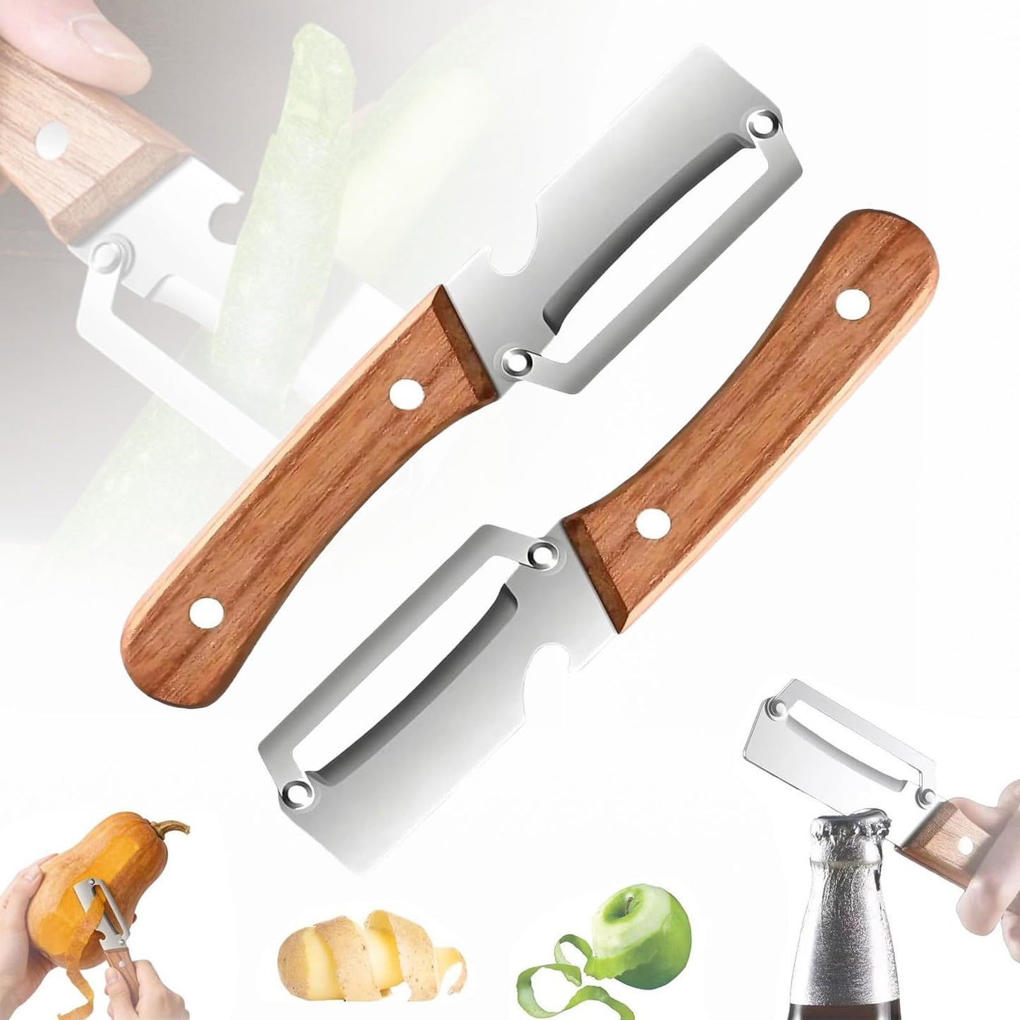 2026 New 2-in-1 Multifunctional Vegetable Peeler – Stainless Steel Blade with Wooden Handle & Bottle Opener, Effortlessly Peels Fruits & Vegetables, Ideal Kitchen Tool Gift (2-Pack)