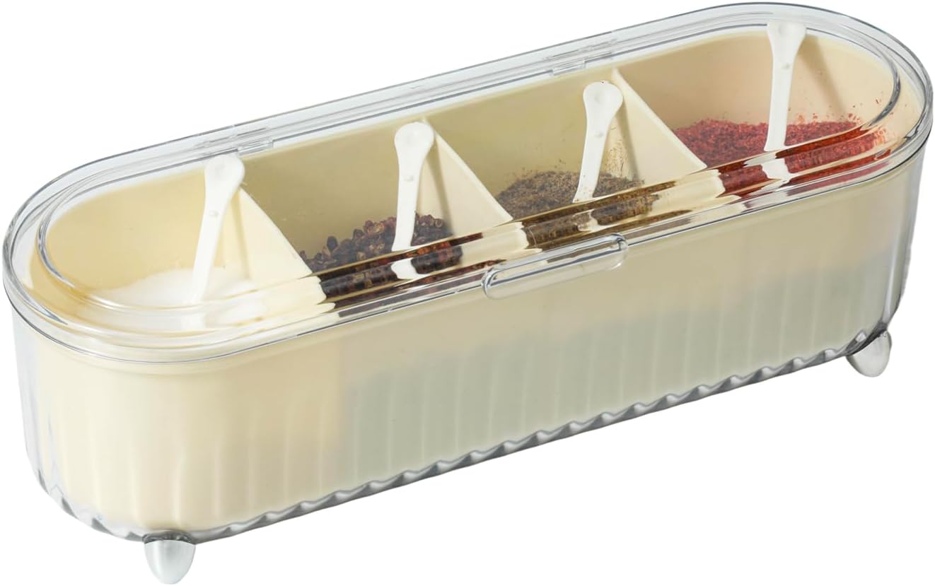 Tremeals 4 Set Countertop Clear Seasoning Box with Compartments - Spice Organizer with Lids and Spoons - Condiment