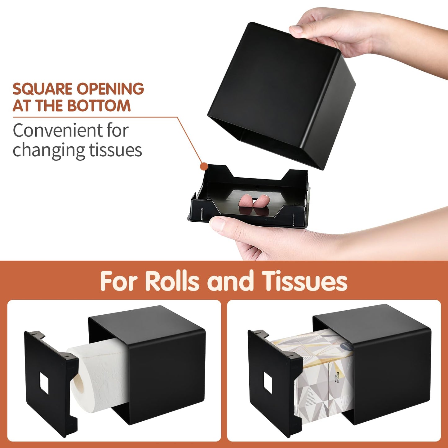 Y-in Hand Tissue Box Cover, Square Facial Tissue Holder Storage for Bathroom Vanity, Countertops, Dressers, Night Stand, Parlors and Offices - Black