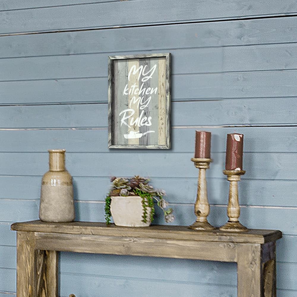 Kitchen Quotes Wooden Wall Art: Rustic Farmhouse Framed Funny My Kitchen My Rules Saying Print for Dining Room Decor