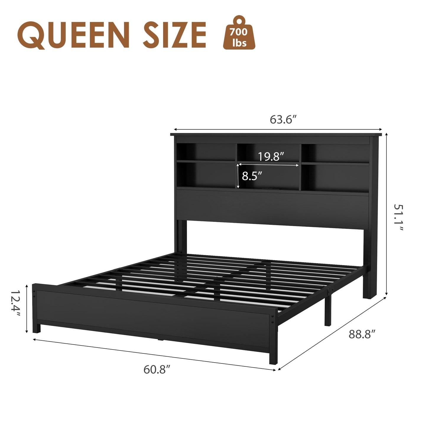 Garvee Queen Platform Bed Frame with Bookcase Headboard, Charging Station (USB & Type‑c), Tall Wooden Headboard, 9.6" Underbed Storage, No Box Spring Needed, Black