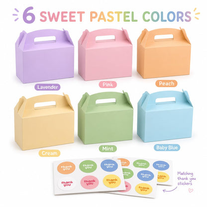 Treelement 24 Pcs Party Favor Gable Boxes with Handle and Stickers, 6×3.5×3.5 Inch Colorful Treat Boxes for Candies, Birthday, Wedding, Bridal Shower.
