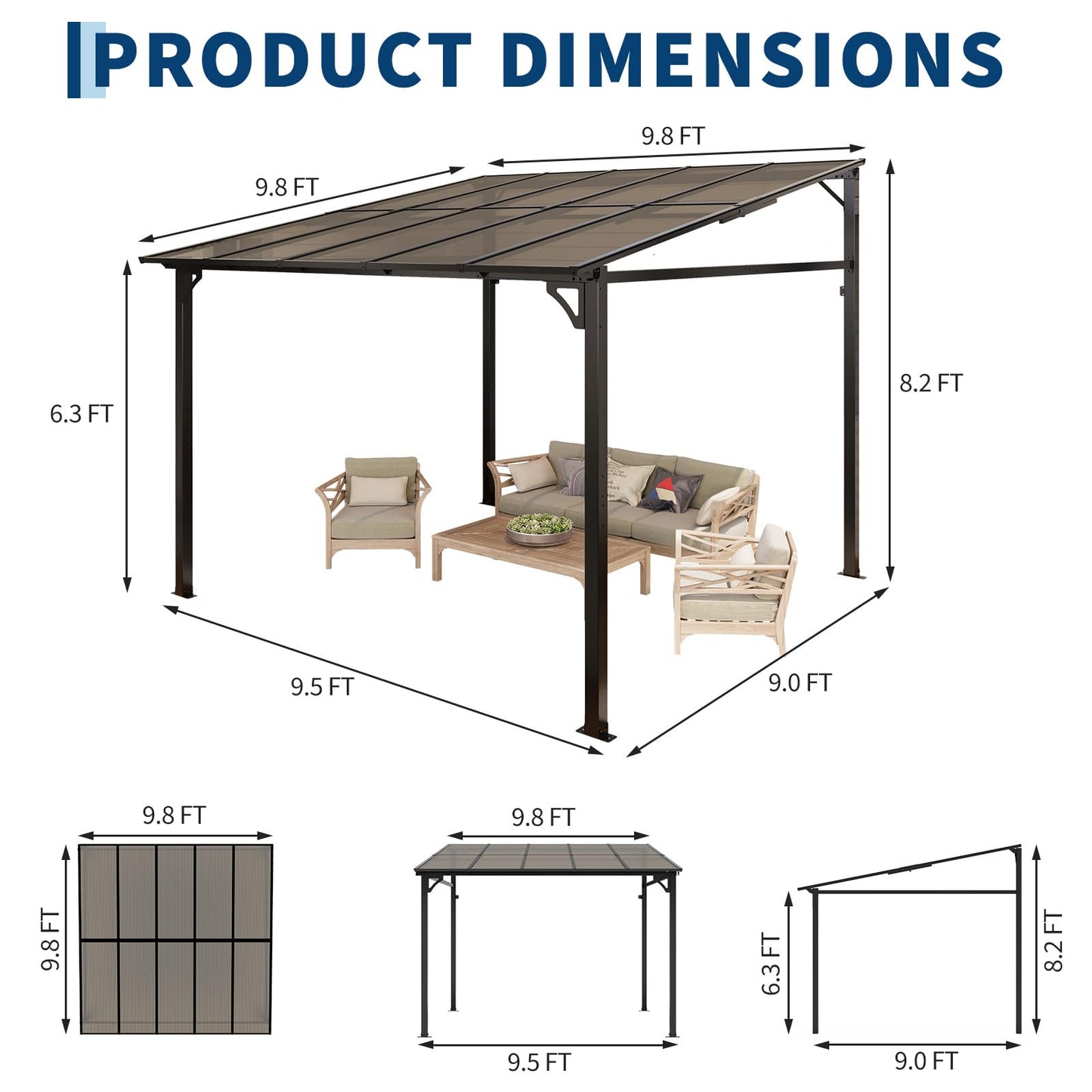 Acekool 10x10 Ft Wall Mounted Gazebo Pergola, Outdoor Lean to Gazebo Hardtop with Polycarbonate Roof, Upgraded Steel Frame Hardtop Pavilion for Patio, Garden, Lawn, Deck