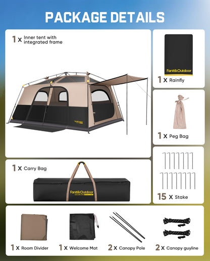 FanttikOutdoor Zeta C10 Apex Canopy Tent, 10 Person Instant Cabin Tent Setup in 60s, Family Tent with Carry Bag for Family Camping & Hiking, Waterproof, Upgraded Ventilation