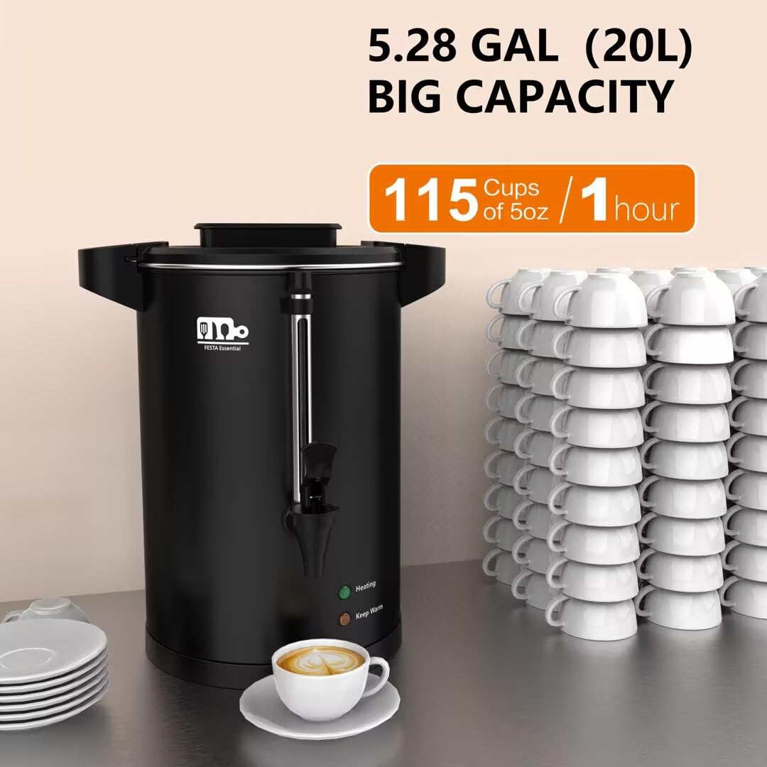 115-Cup 20L Commercial Coffee Urn, Festa Essential 1500W Double Wall Large Percolate Coffee Maker Stainless Steel Hot Water Urn Dispenser with Double Dripless Faucet, Quick-Brewing for Catering, Black