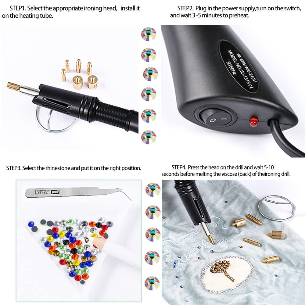 Hotfix Rhinestone Applicator Tool, 7-in-1 Hot Fixed Applicator Rhinestones Kit Include AB Crystal Rhinestones, 7 Tips, 2 Pencils, Tweezers and Support Stand