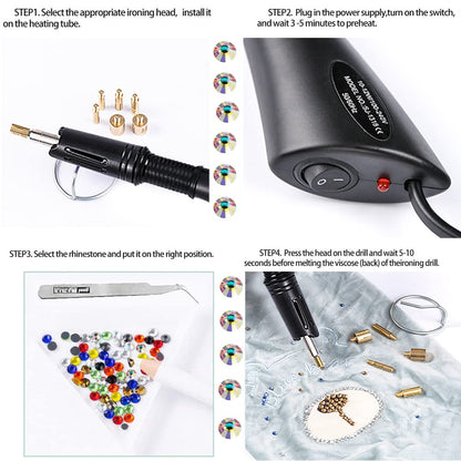 Hotfix Rhinestone Applicator Tool, 7-in-1 Hot Fixed Applicator Rhinestones Kit Include AB Crystal Rhinestones, 7 Tips, 2 Pencils, Tweezers and Support Stand