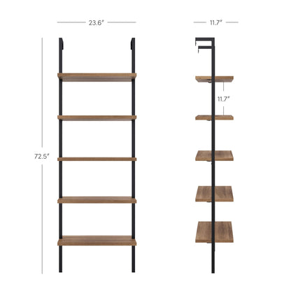 Nathan James Theo 5-Shelf Wood Modern Bookcase, Open Wall Mount Ladder Bookshelf with Industrial Black Metal Frame, Reclaimed Oak, Set of 2