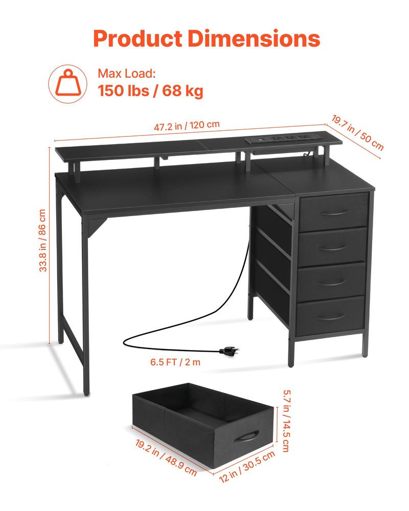 VEVOR 47" Computer Desk with LED Lights & Power Outlets, Gaming Table with 4 Large Drawers, Office Desk with Monitor Stand, Study Work Home Office, Small Spaces, Black