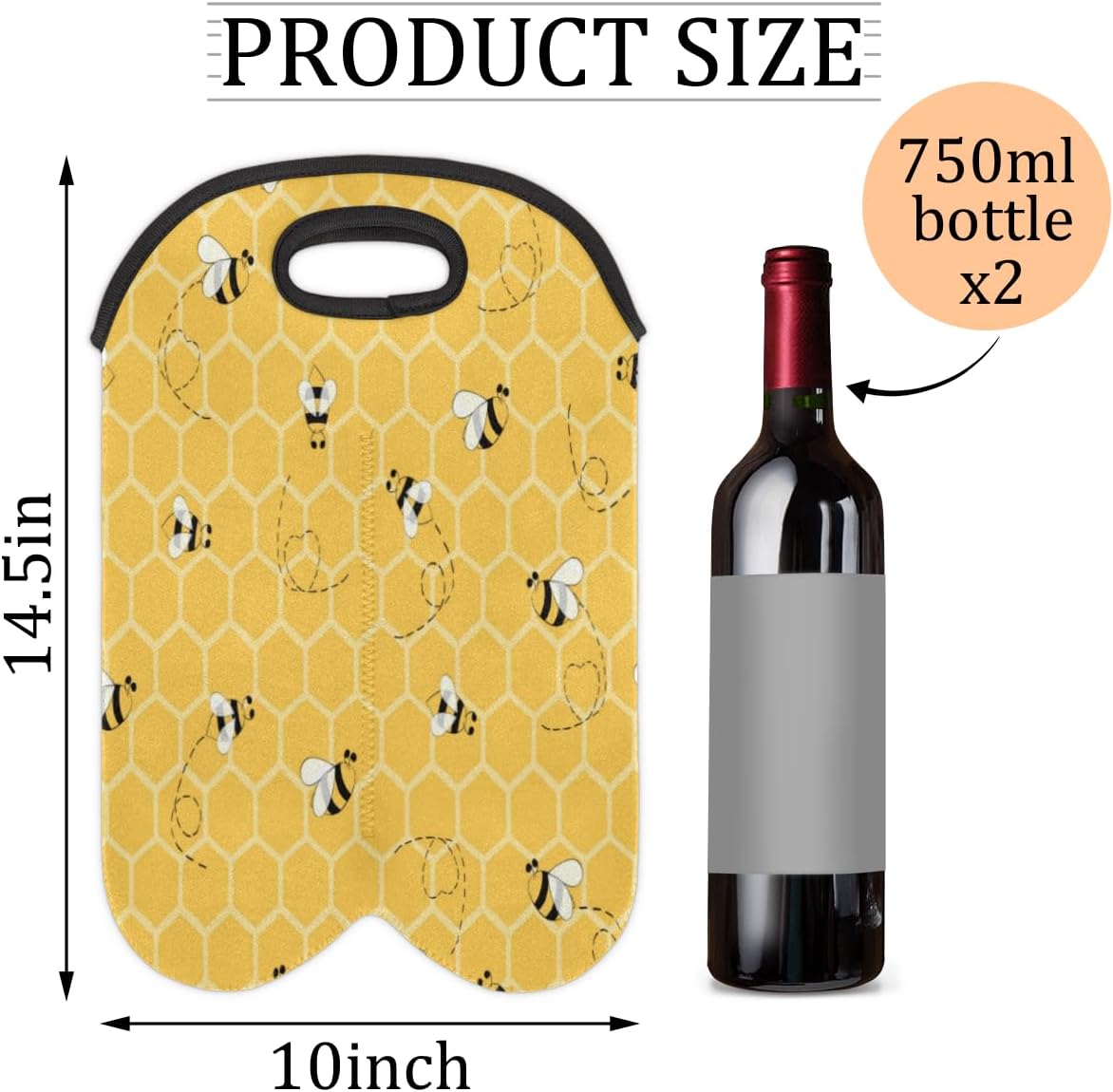 Cute Bees 2 Bottle Wine Carrier Tote Bag, Insulated Neoprene Holder for Picnics, Travel, Great Gift