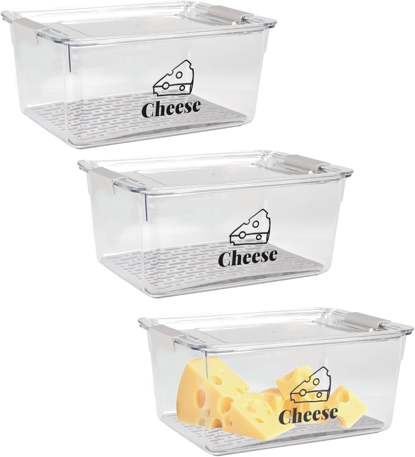 Yomjarl 3 Pack Cheese Container Airtight with Draining Basket Cream Block Cheese Sliced Cheeses Box with Lid Saver