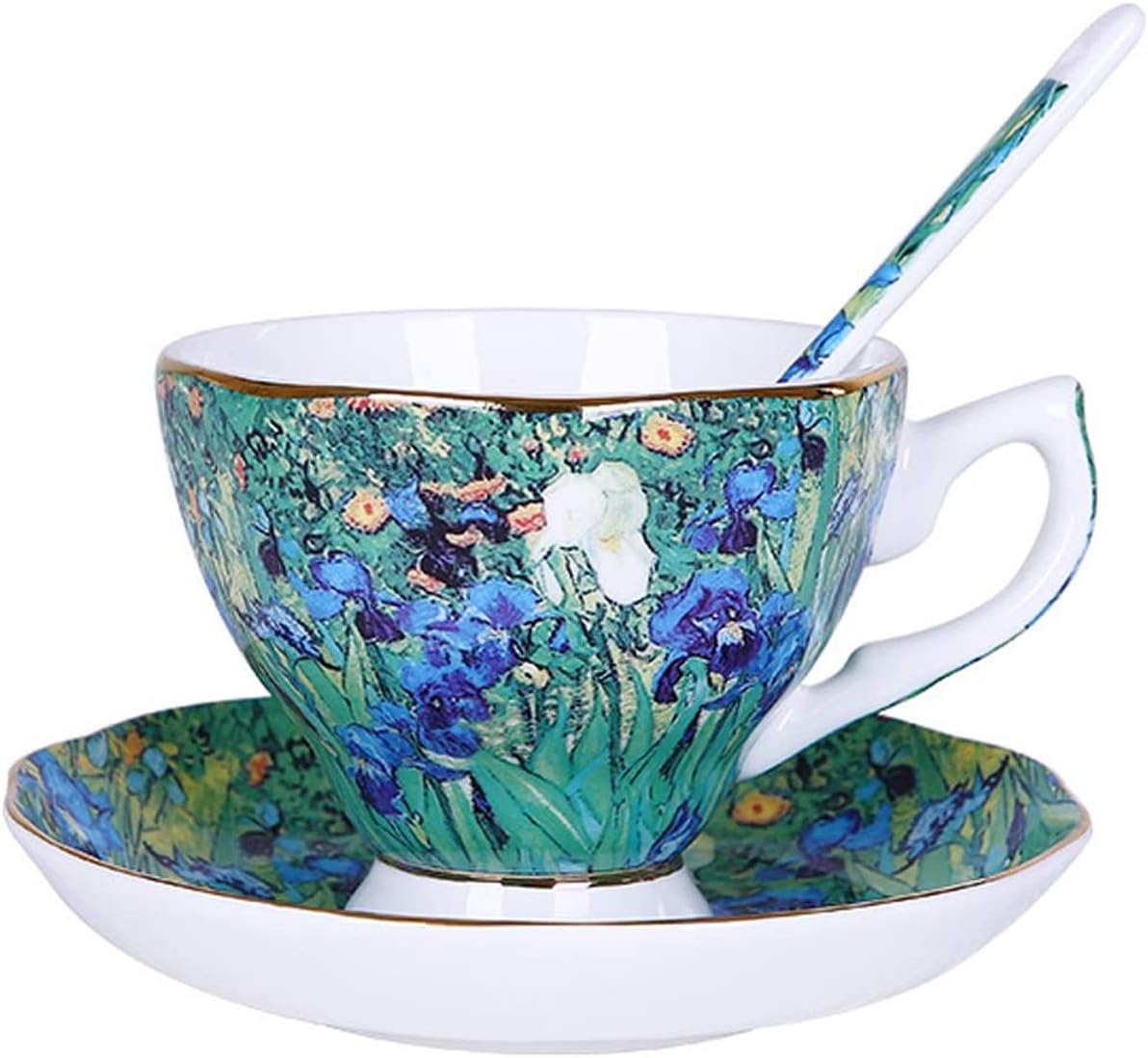 YBK Tech Bone China Cup and Saucer Set - 7oz Tea Cup Inspired by Van Gogh's Paintings (Iris Flower Design)