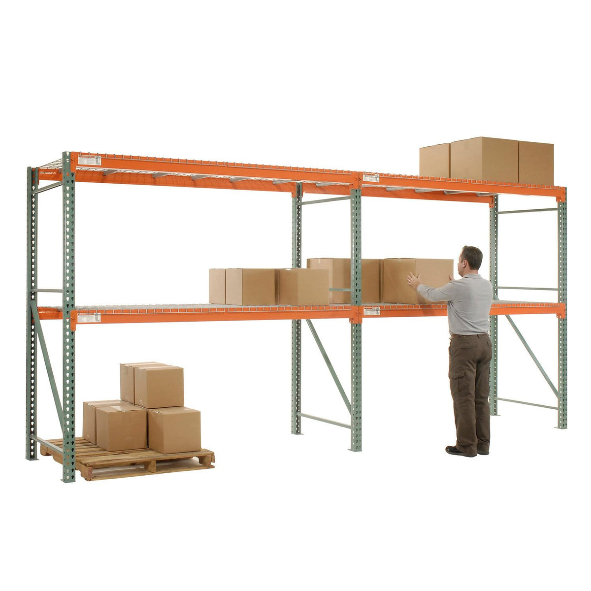 Global Industrial Teardrop Pallet Rack Add-On Unit, 144"W X 48"D X 96"H, 5970 lbs Shelf Capacity, Steel Construction, Orange & Green, For Industrial Storage
