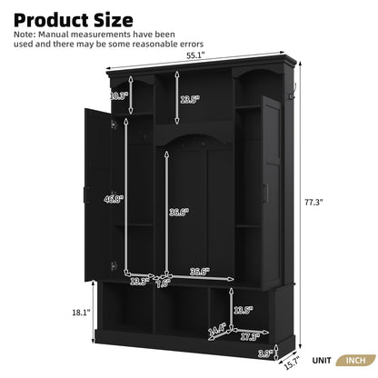 THINK 30 Modern All-in-One Hall Tree with Adjustable Shelves, Classic Arched Farmhouse Storage Bench with Dual Side Cabinets, Elegant Entryway Organizer with 7 Hooks for Mudroom, Hallway, Black