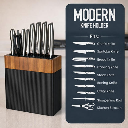 BRVSTVN Modern Universal Knife Block Without Knives – Acacia Wood Knife Holder Stand with Bristles for Easy Knife Organization & Storage for Kitchen Counter | Cutlery Display