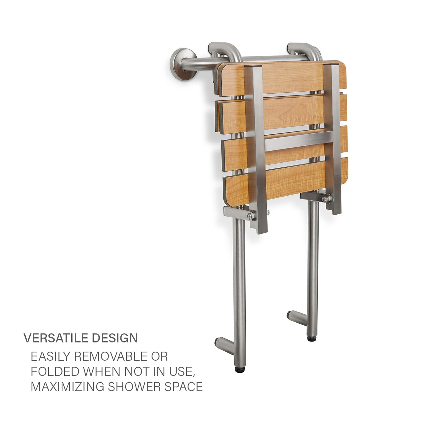 Seachrome Profile Folding Shower Seat with 18 inch Grab Bar, Removable Hanging Bench with Backrest & Legs, Teak Phenolic Seat, Stain Stainless Steel Grab Bar