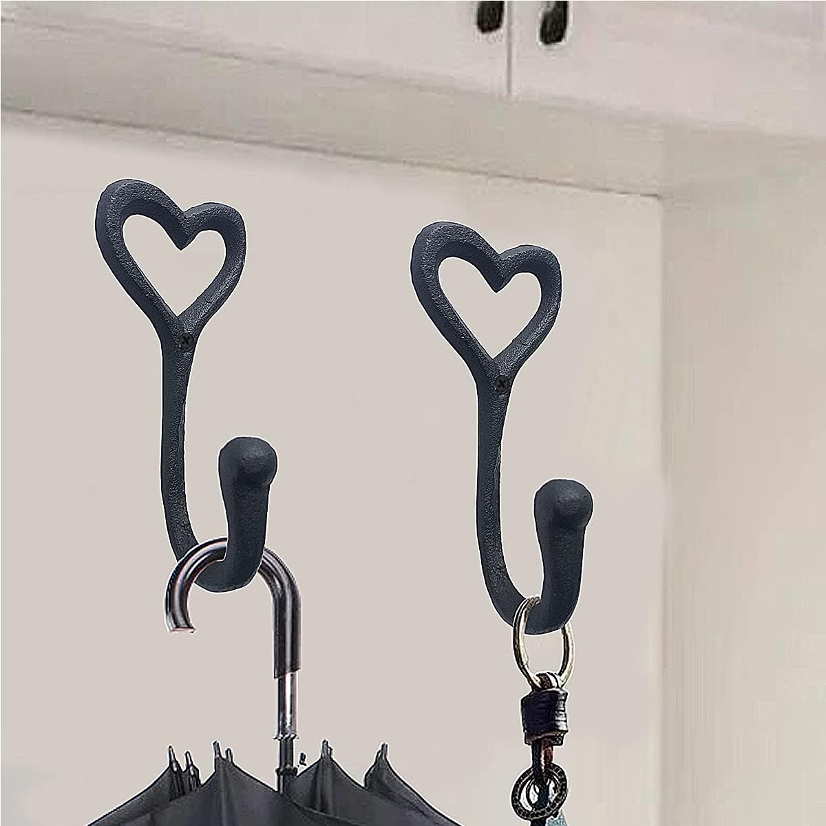 ZEYU Heavy Duty Coat Hooks, 4pcs Cast Iron Love Heart Shape Wall Hooks for Hanging Coats, Black No Rust