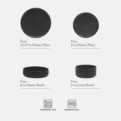 Gibson Elite Deerfield 16-Piece Stoneware Dinnerware Set – Matte Black Reactive Glaze Plates and Bowls, Stackable, Modern Design, Service for 4 – Microwave & Dishwasher Safe