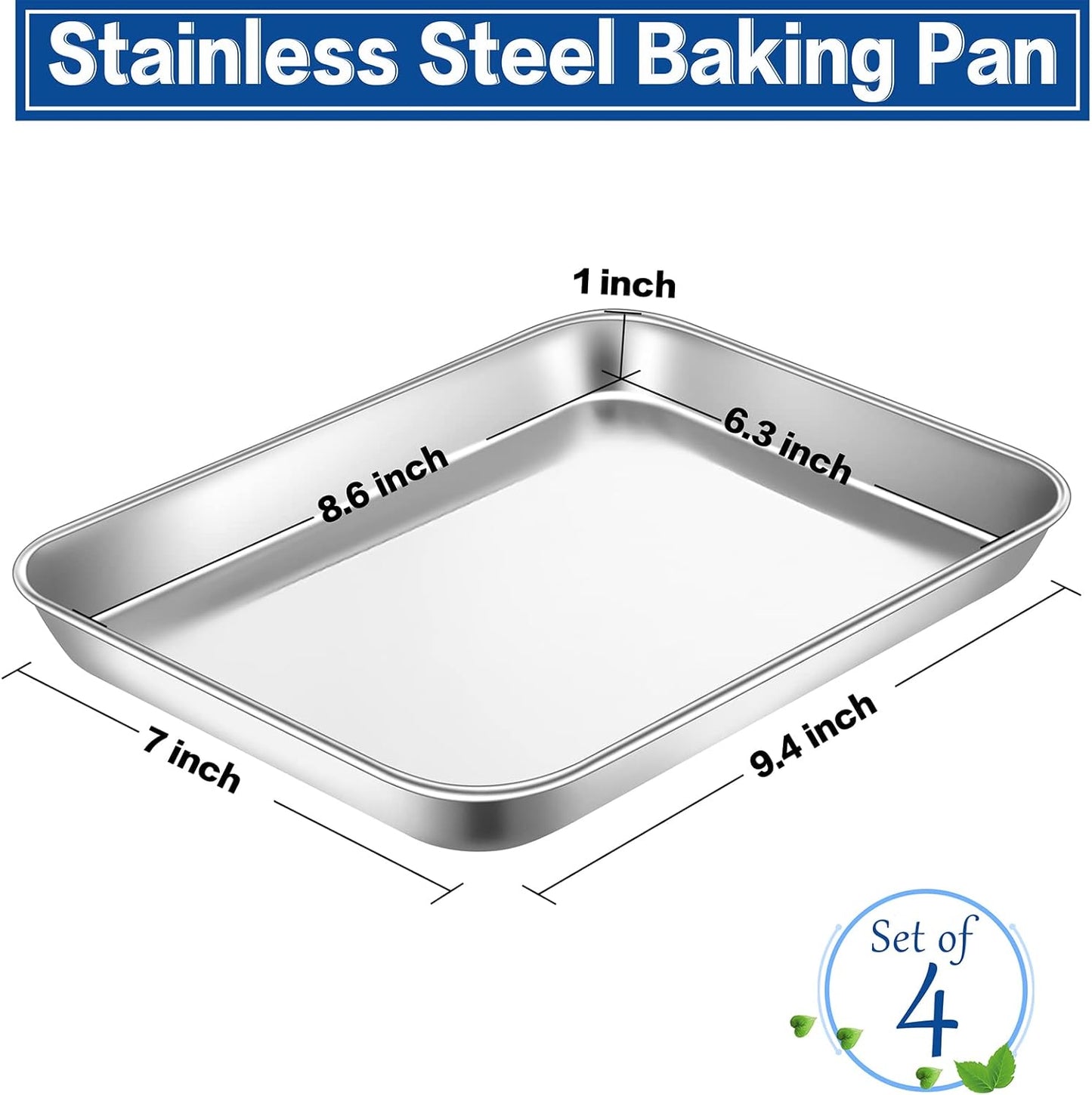 P&P CHEF Stainless Steel Toaster Oven Pan Set, 4-Pieces Mini Baking Pans, Rectangle 9 x 7 Inches