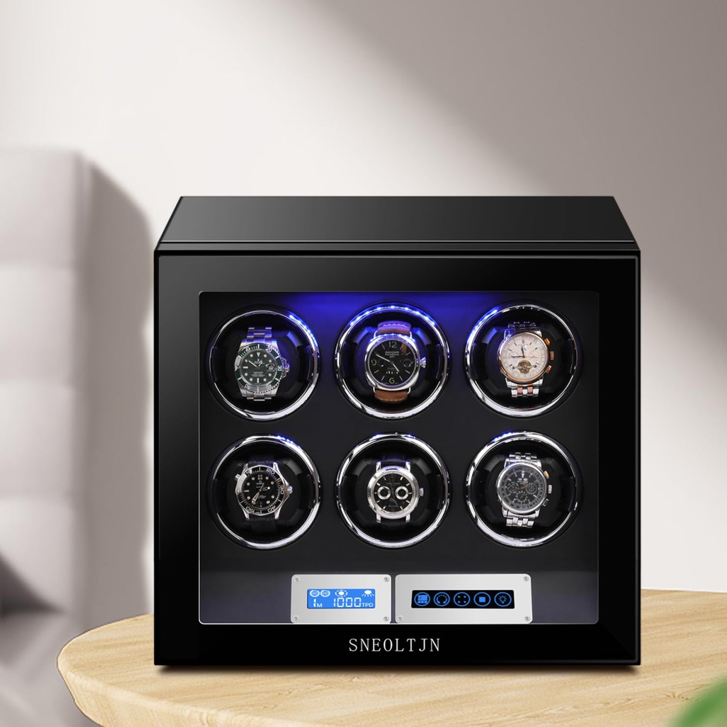 SNEOLTJN Watch Winder for 6 Slots Automatic Watches, Ultra-Quiet Japanese Motors, Built-in LED Illumination and LCD Touchscreen Control
