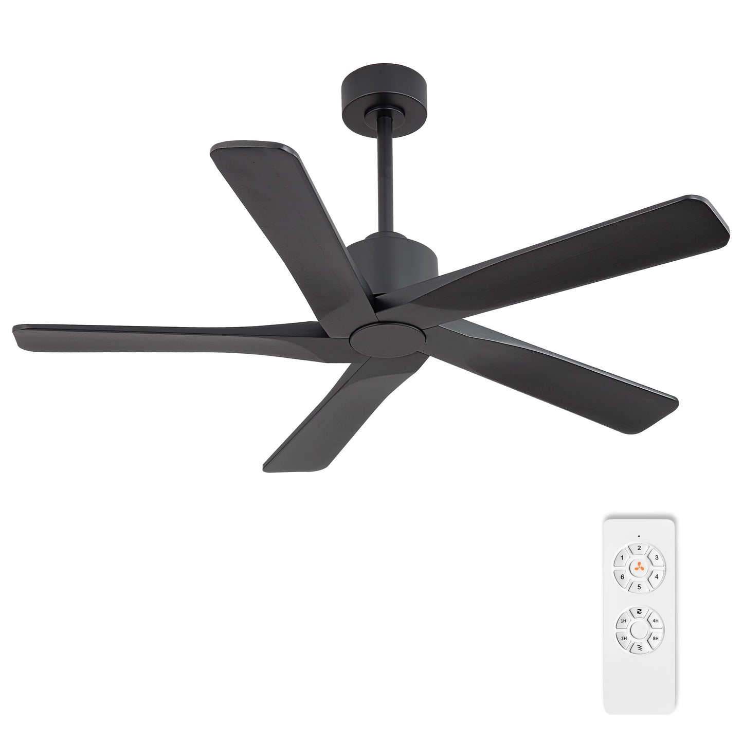 WINGBO 48" DC Ceiling Fan No Light - 5 Carved Solid Wood Blades, 6-Speed Reversible DC Motor, Ceiling Fan without Lights for Living Room Bedroom Kitchen Patio, Indoor and Outdoor, Matte Black
