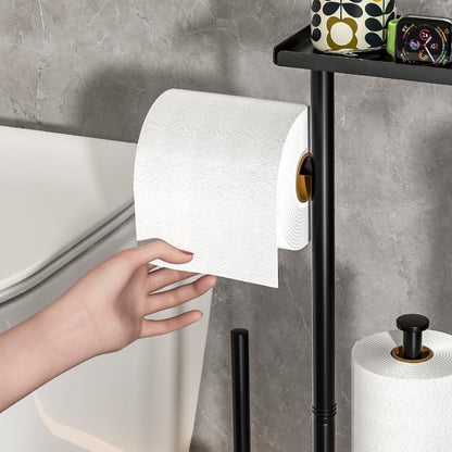 Skiennix Modern Bathroom Toilet Paper Stand - Stylish Black Metal Holder with Storage Shelf for 3 Mega Rolls | 24x12x60 Inches