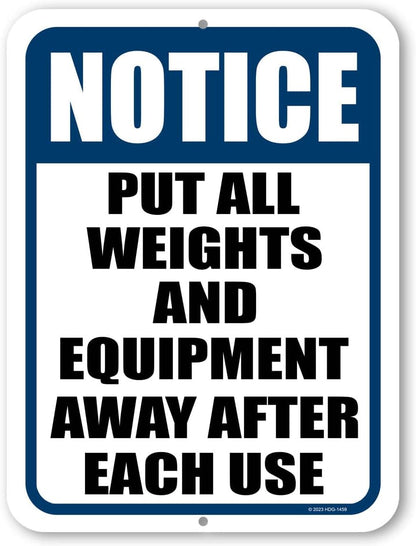 Honey Dew Gifts Notice Sign, Put All Weights and Equipment Away After Each Use, Metal Wall Sign for Home Gym