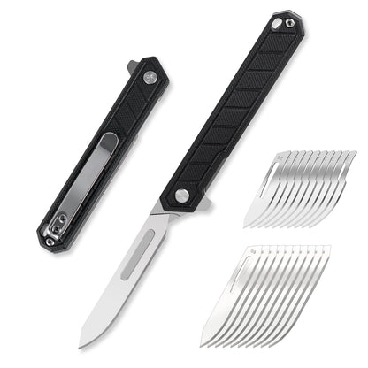 Tops Home Mini Folding Scalpel – Slim G10 Handle with Back Clip, Liner Lock Pocket Knife for Crafts, Utility Box Cutter, Includes 20 Replaceable Blades (#24 & #60) (Black)
